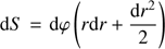 $ \displaystyle {{\mathrm{d}}}S = {{\mathrm{d}}}\varphi \left(r{{\mathrm{d}}}r + \frac{{{\mathrm{d}}}r^2}{2}\right) $