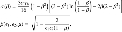 $$ \begin{aligned}&\sigma (\beta ) = \frac{3 \sigma _{\rm Th}}{16} \left( 1 - \beta ^2 \right) \left[ (3 - \beta ^2) \ln \left( \frac{1 + \beta }{1-\beta }\right) - 2 \beta (2 - \beta ^2) \right]\nonumber \\&\beta (\epsilon _1, \epsilon _2, \mu ) = \sqrt{1 - \frac{2}{\epsilon _1 \epsilon _2 (1- \mu )}},\end{aligned} $$