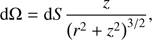 $$ \begin{aligned} {\mathrm{d} }\Omega = {\mathrm{d} }S \frac{z}{\left( r^2 + z^2\right)^{3/2}} ,\end{aligned} $$