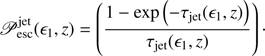 $$ \begin{aligned} {\fancyscript {P}}_{\rm esc}^\mathrm{jet}(\epsilon _1, z) = \left( \frac{1-\exp \left(-\tau _{\rm jet}(\epsilon _1, z) \right)}{\tau _{\rm jet}(\epsilon _1, z)} \right)\cdot \end{aligned} $$
