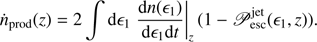 $$ \begin{aligned} \dot{n}_{\rm prod}(z) = 2 \int {\mathrm{d} }\epsilon _{1} \left. \frac{{\mathrm{d} }n(\epsilon _{1})}{{\mathrm{d} }\epsilon _{1} {\mathrm{d} }t}\right|_z (1-{\fancyscript {P}}_{\rm esc}^\mathrm{jet}(\epsilon _1, z)) . \end{aligned} $$