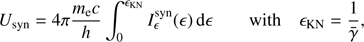 $$ \begin{aligned} U_{\rm syn} = 4\pi \frac{m_{\rm e} c}{h} \int _{0}^{\epsilon _{\rm KN}} I_{\epsilon }^\mathrm{syn}(\epsilon )\,{\mathrm{d} }\epsilon \qquad \text{ with} \quad \epsilon _{\rm KN} = \frac{1}{\bar{\gamma }} , \end{aligned} $$