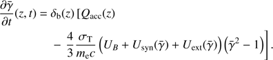 $$ \begin{aligned} \frac{\partial \bar{\gamma }}{\partial t}(z,t)&= \delta _{\rm b}(z) \left[Q_{\rm acc}(z) \right.\nonumber \\&\;\; - \left. \frac{4}{3} \frac{\sigma _{\rm T}}{m_{\rm e}c} \left( U_{B} + U_{\rm syn}(\bar{\gamma }) + U_{\rm ext}(\bar{\gamma }) \right)\left( \bar{\gamma }^{2} -1 \right) \right]. \end{aligned} $$