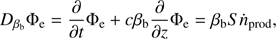 $$ \begin{aligned} D_{\beta _{\rm b}}\Phi _{\rm e} = \frac{\partial }{\partial t} \Phi _{\rm e} + c \beta _{\rm b} \frac{\partial }{\partial z} \Phi _{\rm e} = \beta _{\rm b} S \dot{n}_{\rm prod}, \end{aligned} $$