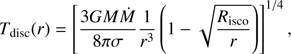 $$ \begin{aligned} T_{\rm disc}(r) = \left[ \frac{3 G M \dot{M}}{ 8 \pi \sigma } \frac{1}{r^3} \left(1 - \sqrt{\frac{R_{\rm isco}}{r}} \right) \right] ^{1/4}, \end{aligned} $$
