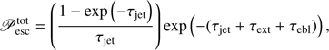 $$ \begin{aligned} {\fancyscript {P}}_{\rm esc}^\mathrm{tot} = \left( \frac{1-\exp \left(-\tau _{\rm jet} \right)}{\tau _{\rm jet}} \right) \exp \left( -(\tau _{\rm jet}+\tau _{\rm ext}+\tau _{\rm ebl}) \right) ,\end{aligned} $$