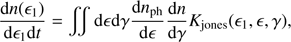 $$ \begin{aligned} \frac{{\mathrm{d} }n (\epsilon _1)}{{\mathrm{d} }\epsilon _1 {\mathrm{d} }t} = \int \int {\mathrm{d} }\epsilon {\mathrm{d} }\gamma \frac{{\mathrm{d} }n_{\rm ph}}{{\mathrm{d} }\epsilon } \frac{{\mathrm{d} }n}{{\mathrm{d} }\gamma } K_{\rm jones}(\epsilon _1, \epsilon , \gamma ), \end{aligned} $$