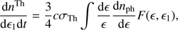 $$ \begin{aligned} \frac{{\mathrm{d} }n^\mathrm{Th}}{{\mathrm{d} }\epsilon _1 {\mathrm{d} }t} = \frac{3}{4} c \sigma _{\rm Th} \int \frac{{\mathrm{d} }\epsilon }{\epsilon } \frac{{\mathrm{d} }n_{\rm ph}}{{\mathrm{d} }\epsilon } F(\epsilon ,\epsilon _1) , \end{aligned} $$