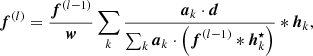 $$ \begin{aligned} \boldsymbol{f}^{\left(l\right)} = \frac{\boldsymbol{f}^{\left(l-1\right)}}{\boldsymbol{w}} \sum _k\frac{\boldsymbol{a}_k \cdot \boldsymbol{d}}{\sum _k\boldsymbol{a}_k\cdot \left(\boldsymbol{f}^{\left(l-1\right)} *\boldsymbol{h}_k^{\star }\right)} *\boldsymbol{h}_k\text{,} \end{aligned} $$