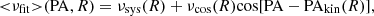 Mathematical equation: $$ \begin{aligned} {<}\nu _{\rm fit}{>}({\mathrm{PA} },R)=\nu _{\rm sys}(R)+\nu _{\rm cos}(R)\mathrm{cos}[{\mathrm{PA} -\mathrm{PA} _{\rm kin}}(R)], \end{aligned} $$