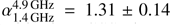 Mathematical equation: $ \alpha^{\mathrm{4.9\,GHz}}_{\mathrm{1.4\,GHz}}=1.31\pm0.14 $