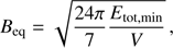 Mathematical equation: $$ \begin{aligned} B_{\rm eq}=\sqrt{\frac{24\pi }{7}\frac{E_{\rm tot,min}}{V}} \, , \end{aligned} $$
