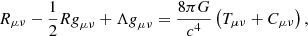 $$ \begin{aligned} R_{\mu \nu } - \frac{1}{2} R \textit{g}_{\mu \nu } + \Lambda \textit{g}_{\mu \nu } = \frac{8 \pi G}{c^4} \left( T_{\mu \nu } + C_{\mu \nu } \right) , \end{aligned} $$