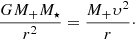 $$ \begin{aligned} \frac{G M_{+} M_{\star }}{r^2} = \frac{M_{+} {\upsilon}^2}{r}\cdot \end{aligned} $$