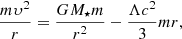 $$ \begin{aligned} \frac{m {\upsilon}^2}{r} = \frac{G M_{\star } m}{r^2} -\frac{\Lambda c^2}{3} m r , \end{aligned} $$