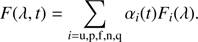Mathematical equation: $$ \begin{aligned} F(\lambda ,t)=\sum \limits _{i= \mathrm{u,p,f,n,q} } \alpha _i(t) F_ i(\lambda ). \end{aligned} $$