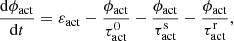 Mathematical equation: $$ \begin{aligned} \frac{\mathrm{d}\phi _\mathrm{act} }{\mathrm{d}t}=\varepsilon _\mathrm{act} -\frac{\phi _\mathrm{act} }{\tau _\mathrm{act} ^0}-\frac{\phi _\mathrm{act} }{\tau _\mathrm{act} ^\mathrm{s} }-\frac{\phi _\mathrm{act} }{\tau _\mathrm{act} ^\mathrm{r} }, \end{aligned} $$