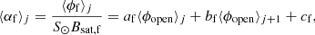 Mathematical equation: $$ \begin{aligned} \langle \alpha _\mathrm{f} \rangle _j = \frac{\langle \phi _\mathrm{f} \rangle _j}{S_\odot B_\mathrm{sat,f} } =a_\mathrm{f} \langle \phi _\mathrm{open} \rangle _j + b_\mathrm{f} \langle \phi _\mathrm{open} \rangle _{j+1} + c_\mathrm{f} , \end{aligned} $$