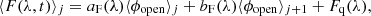 Mathematical equation: $$ \begin{aligned} \langle F(\lambda ,t) \rangle _j = a_\mathrm{F} (\lambda ) \langle \phi _\mathrm{open} \rangle _j + b_\mathrm{F} (\lambda ) \langle \phi _\mathrm{open} \rangle _{j+1} + F_\mathrm{q} (\lambda ), \end{aligned} $$