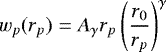 Mathematical equation: \begin{equation*}w_p(r_p)=A_{\gamma} r_p \left(\frac{r_0}{r_p}\right)^{\gamma} \end{equation*}