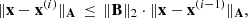 $$ \begin{aligned} \Vert \mathbf x - \mathbf x ^{(i)} \Vert _\mathbf A \, \le \, \Vert \mathbf B \Vert _2 \cdot \Vert \mathbf x - \mathbf x ^{(i-1)} \Vert _\mathbf A , \end{aligned} $$