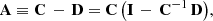 $$ \begin{aligned} \mathbf A \equiv \mathbf C \, - \, \mathbf D = \mathbf C \, \big ( \mathbf I \, - \, \mathbf C ^{-1}\,\mathbf D \big ), \end{aligned} $$