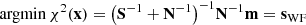 $$ \begin{aligned} \mathrm{argmin}\, \chi ^2(\mathbf x ) = {\big ( \mathbf S ^{-1} + \mathbf N ^{-1} \big )}^{-1} \mathbf N ^{-1} \mathbf m = \mathbf s _{\rm WF} \end{aligned} $$