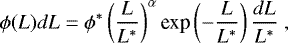 Mathematical equation: \begin{equation*} \phi(L)dL=\phi^*\left(\frac{L}{L^*}\right)^{\alpha} {\textrm{exp}}\left(-\frac{L}{L^*}\right)\frac{dL}{L^*} ~\text{, } \end{equation*}