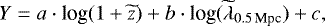 Mathematical equation: \begin{equation*}Y= a\cdot {\textrm{log}}(1+\widetilde{z}) + b\cdot {\textrm{log}}(\widetilde{\lambda}_{0.5\,\textrm{Mpc}}) + c ,\end{equation*}