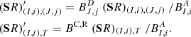 $$ \begin{aligned}&(\mathbf SR )^{\prime }_{(I,i),(J,j)}=B^{D}_{J,j}~(\mathbf SR )_{(I,i),(J,j)}~/B^{A}_{I,i}\nonumber \\&(\mathbf SR )^{\prime }_{(I,i),T}=B^{\mathrm{C,R} }~(\mathbf SR )_{(I,i),T}~/B^{A}_{I,i}. \end{aligned} $$