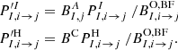 $$ \begin{aligned}&P^{\prime I}_{I,i \rightarrow j}=B^{A}_{I,j} P^{I}_{I,i \rightarrow j}~/B^{\mathrm{O,BF} }_{I,i \rightarrow j}\nonumber \\&P^{\prime \mathrm{H} }_{I,i \rightarrow j}=B^{\mathrm{C} } P^{\mathrm{H} }_{I,i \rightarrow j}~/B^{\mathrm{O,BF} }_{I,i \rightarrow j}. \end{aligned} $$