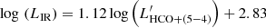 $ \log \,\left( {{L_{{\rm{IR}}}}} \right) = 1.12\log \left( {L_{{\rm{HCO + (5 - 4)}}}^\prime } \right) + 2.83\ $