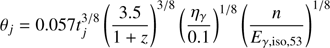Mathematical equation: $$ \begin{aligned} \theta _j=0.057t_j^{3/8}\left(\frac{3.5}{1+z}\right)^{3/8}\left(\frac{\eta _\gamma }{0.1}\right)^{1/8}\left(\frac{n}{E_{\gamma ,\mathrm{iso},53}}\right)^{1/8} \end{aligned} $$