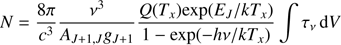 Mathematical equation: $$ \begin{aligned} N=\frac{8\pi }{c^3}\frac{\nu ^3}{A_{J+1,J}{ g}_{J+1}}\frac{Q(T_x)\mathrm{exp}(E_J/kT_x)}{1-\mathrm{exp}(-h\nu /kT_x)}\int \tau _{\nu }\,\mathrm{d}V \end{aligned} $$
