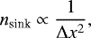 \begin{equation*} n_{\textrm{sink}} \propto \frac{1}{\mathrm{\Delta} x^2},\end{equation*}