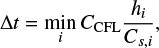 \begin{equation*} \Delta t = \min_{i} C_{\textrm{CFL}}\frac{h_{i}}{C_{s,i}}, \tag{A.3}\end{equation*}
