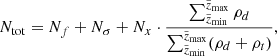Mathematical equation: $$ \begin{aligned} N_{\rm tot} = N_{f} + N_{\sigma } + N_{x} \cdot \frac{ \sum _{\tilde{z}_{\rm min}}^{\tilde{z}_{\rm max}} \rho _d}{\sum _{\tilde{z}_{\rm min}}^{\tilde{z}_{\rm max}} (\rho _d+\rho _t)}, \end{aligned} $$