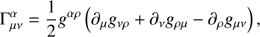 $$ \begin{aligned} \Gamma _{\mu \nu }^{\alpha }=\frac{1}{2}{g}^{\alpha \rho } \left(\partial _{\mu }{g}_{\nu \rho }+\partial _{\nu }{ g}_{\rho \mu }-\partial _{\rho }{g}_{\mu \nu }\right), \end{aligned} $$