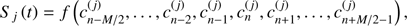 $$ \begin{aligned} S_{j}\left(t\right)=f\left(c_{n-M/2}^{\left(j\right)},\ldots , c_{n-2}^{\left(j\right)},c_{n-1}^{\left(j\right)},c_{n}^{\left(j\right)}, c_{n+1}^{\left(j\right)},\ldots ,c_{n+M/2-1}^{\left(j\right)}\right), \end{aligned} $$