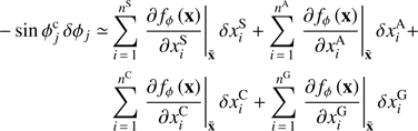 $$ \begin{aligned} -\sin \phi _{j}^{\mathrm{c} }\,\delta \phi _{j}\simeq&\sum _{i\,=\,1}^{n^{\mathrm{S} }} \left.\frac{\partial f_{\phi }\left(\mathbf x \right)}{\partial x_{i}^{\mathrm{S} }}\right|_{\bar{\mathbf{x }}}\delta x_{i}^{\mathrm{S} }+\sum _{i\,=\,1}^{n^{\mathrm{A} }}\left. \frac{\partial f_{\phi }\left(\mathbf x \right)}{\partial x_{i}^{\mathrm{A} }}\right|_{\bar{\mathbf{x }}}\delta x_{i}^{\mathrm{A} }+ \nonumber \\&\sum _{i\,=\,1}^{n^{\mathrm{C} }}\left.\frac{\partial f_{\phi } \left(\mathbf x \right)}{\partial x_{i}^{\mathrm{C} }} \right|_{\bar{\mathbf{x }}}\delta x_{i}^{\mathrm{C} }+ \sum _{i\,=\,1}^{n^{\mathrm{G} }}\left.\frac{\partial f_{\phi }\left(\mathbf x \right)}{\partial x_{i}^{\mathrm{G} }}\right|_{\bar{\mathbf{x }}}\delta x_{i}^{\mathrm{G} } \end{aligned} $$