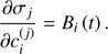 $$ \begin{aligned} \frac{\partial \sigma _{j}}{\partial c_{i}^{\left(j\right)}}=B_{i}\left(t\right). \end{aligned} $$