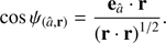 $$ \begin{aligned} \cos \psi _{\left({\hat{a}},\mathbf{r }\right)}=\frac{\mathbf{e }_{{\hat{a}}}\cdot \mathbf{r }}{\left(\mathbf{r }\cdot \mathbf{r }\right)^{1/2}}. \end{aligned} $$