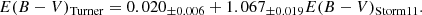 $$ \begin{aligned} E(B-V)_{\rm Turner} = 0.020_{\pm 0.006} + 1.067_{\pm 0.019}E(B-V)_{\rm Storm11}. \end{aligned} $$