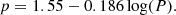 $$ \begin{aligned} p = 1.55 - 0.186 \log (P). \end{aligned} $$