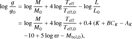 Mathematical equation: \begin{eqnarray*} \log \frac{g}{g_{\odot}} &=& \log\frac{M}{M_{\odot}} + 4 \log \frac{T_{\textrm{eff}}}{T_{\textrm{eff},\odot}} - \log\frac{L}{L_{\odot}} \\ &=& \log\frac{M}{M_{\odot}} + 4 \log \frac{T_{\textrm{eff}}}{T_{\textrm{eff},\odot}} + 0.4 \; (K + BC_K - A_K \nonumber \\ & & - 10 + 5 \log\varpi - M_{\textrm{bol},\odot}), \end{eqnarray*}