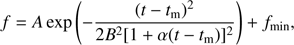 $$ \begin{aligned} f=A \exp \left(-\frac{(t-t_{\rm m})^2}{2B^2[1+\alpha (t-t_{\rm m})]^2}\right) +f_{\rm min}, \end{aligned} $$