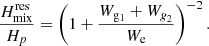 Mathematical equation: $$ \begin{aligned} \frac{H_{\mathrm{mix}}^\mathrm{res}}{H_{p}} = \left(1+\frac{W_{\rm g_1}+W_{\textit{g}_2}}{W_{\mathrm{e}}}\right)^{-2} . \end{aligned} $$