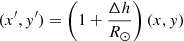 $$ \begin{aligned} (x^{\prime },y^{\prime })&=\left(1+\frac{\Delta h}{R_\odot }\right)(x,y) \end{aligned} $$