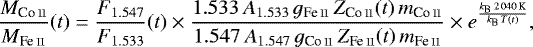 Mathematical equation: \begin{equation*} \frac{M_{\ion{Co}{II}}}{M_{\ion{Fe}{II}}}{\left(t\right)} = \frac{F_{1.547}}{F_{1.533}}{\left(t\right)} \times \frac{1.533\,A_{1.533}\,g_{\ion{Fe}{II}}\,Z_{\ion{Co}{II}}{\left(t\right)}\,m_{\ion{Co}{II}}}{1.547\,A_{1.547}\,g_{\ion{Co}{II}}\,Z_{\ion{Fe}{II}}{\left(t\right)}\,m_{\ion{Fe}{II}}}\times e^{\frac{k_{\text{B}}\,2\,040\,\text{K}}{k_{\text{B}}\,T{\left(t\right)}}},\end{equation*}