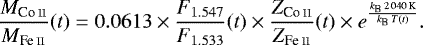 Mathematical equation: \begin{equation*} \frac{M_{\ion{Co}{II}}}{M_{\ion{Fe}{II}}}{\left(t\right)} = 0.0613 \times \frac{F_{1.547}}{F_{1.533}}{\left(t\right)} \times \frac{Z_{\ion{Co}{II}}}{Z_{\ion{Fe}{II}}}{\left(t\right)}\times e^{\frac{k_{\text{B}}\,2\,040\,\text{K}}{k_{\text{B}}\,T{\left(t\right)}}}.\end{equation*}